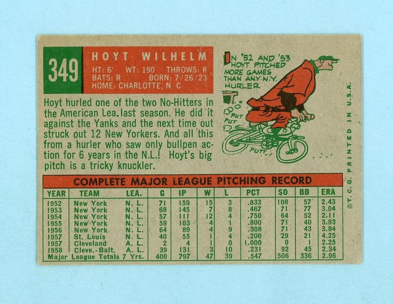 1959 Topps #349 Hoyt Wilhelm Baltimore Orioles Baseball Card EX - EX+