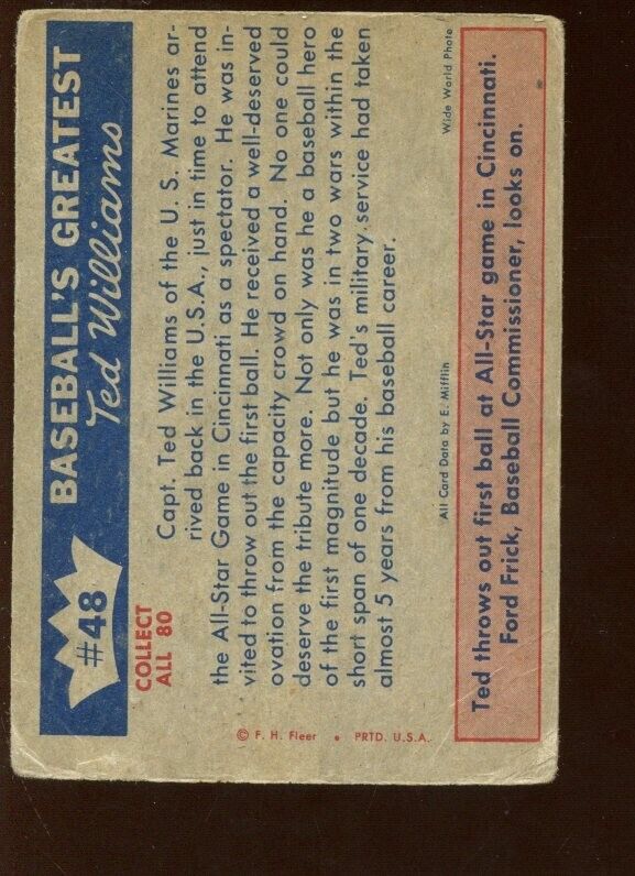 1959 Fleer Ted Williams Baseball Card #48 Ford Frick Autographed VG