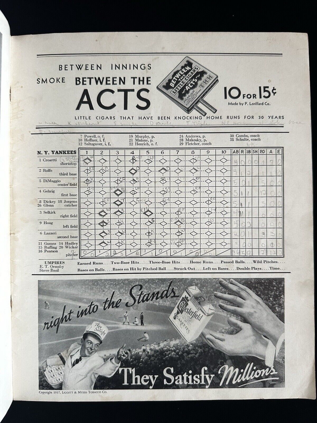 1937 NY Giants World Series Program vs NY Yankees Scored @ Polo Grounds Game 3