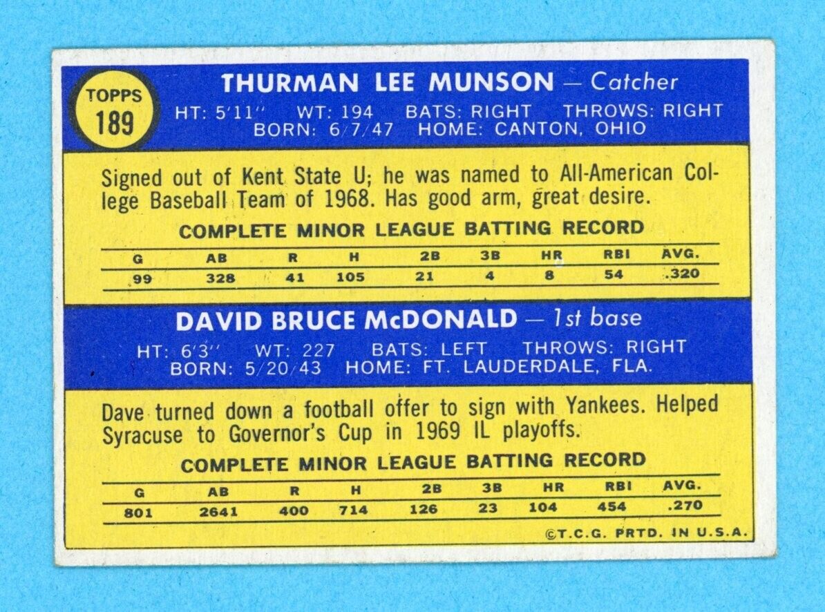 1970 Topps #189 Thurman Munson New York Yankees Rookie Baseball Card Ex/Mt pt mk