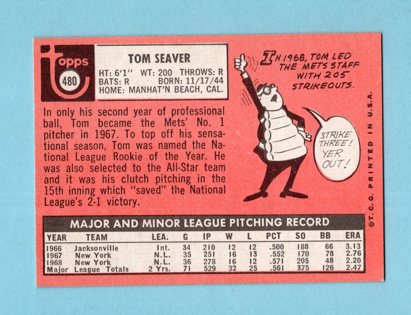 1969 Topps #480 Tom Seaver New York Mets Baseball Card EX+ - Ex/Mt