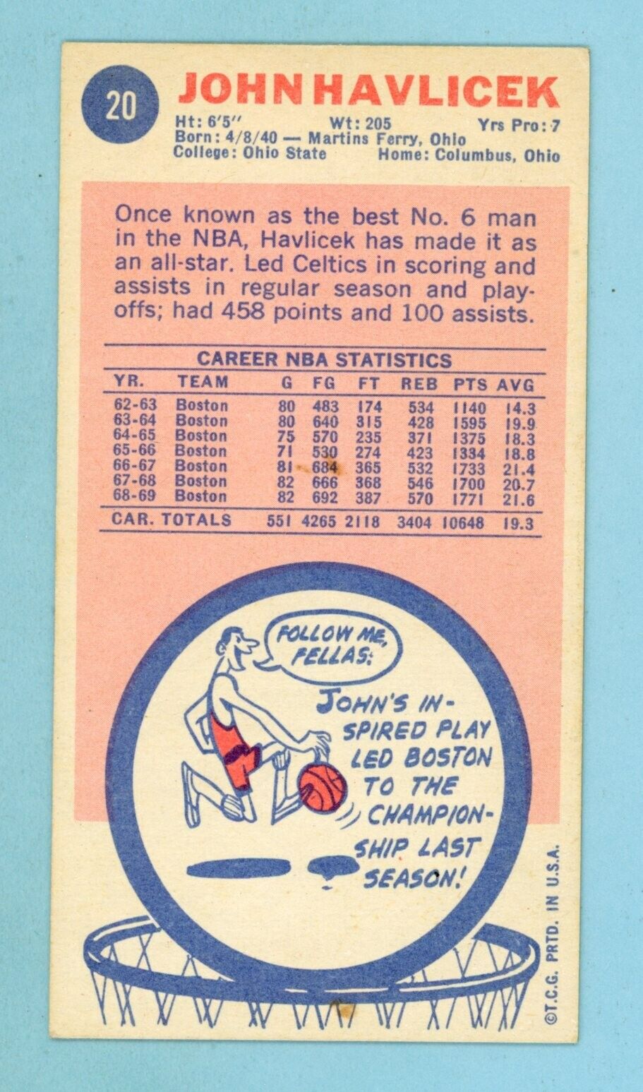 1969-70 Topps #20 John Havlicek Boston Celtics Rookie Basketball Card EX