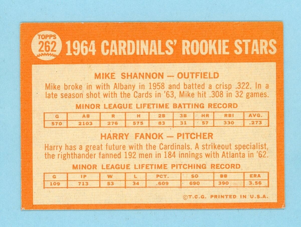 1964 Topps #262 Mike Shannon St. Louis Cardinals Rookie Baseball Card Ex - Ex/Mt