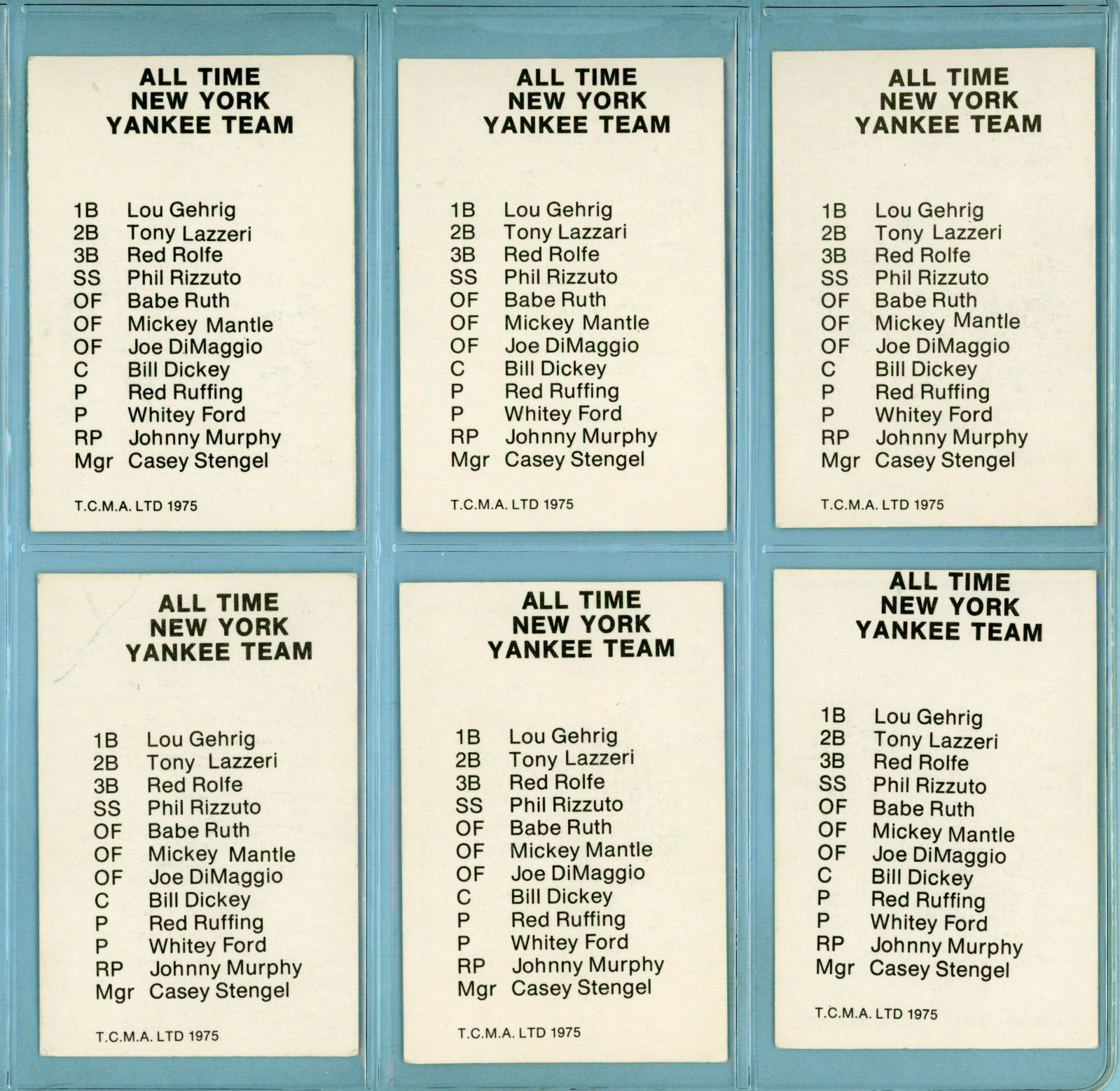 1975 TCMA All Time New York Yankees Complete Set of 12 Baseball Cards