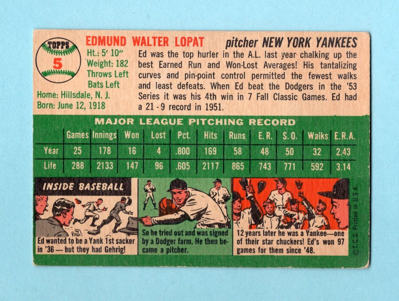 1954 Topps #5 Ed Lopat New York Yankees Baseball Card EX