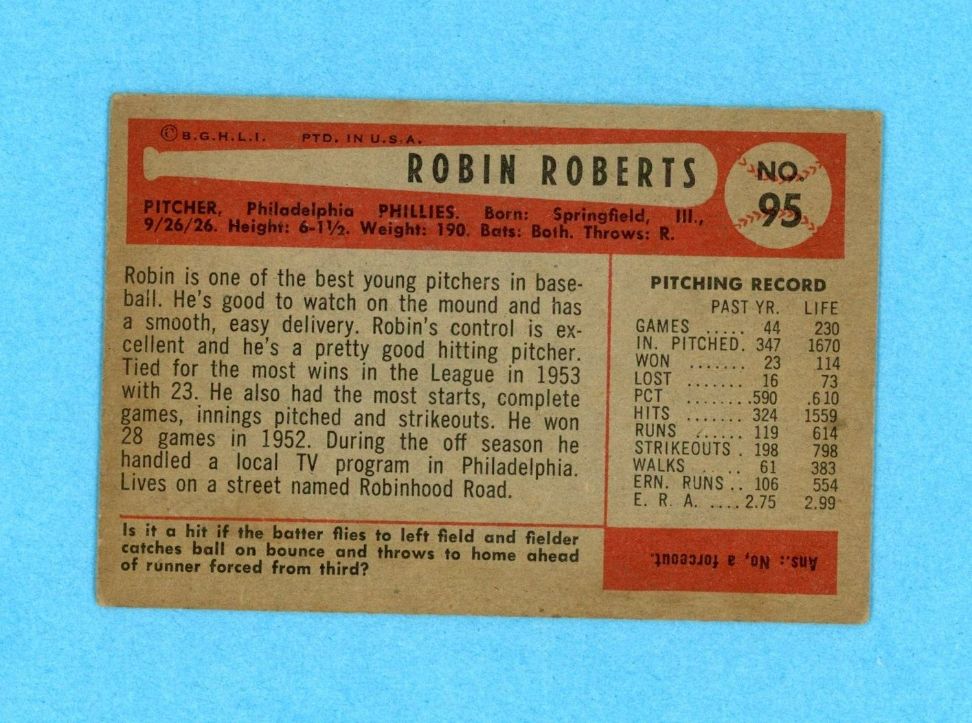 1954 Bowman #95 Robin Roberts Philadelphia Phillies Baseball Card EX ldc