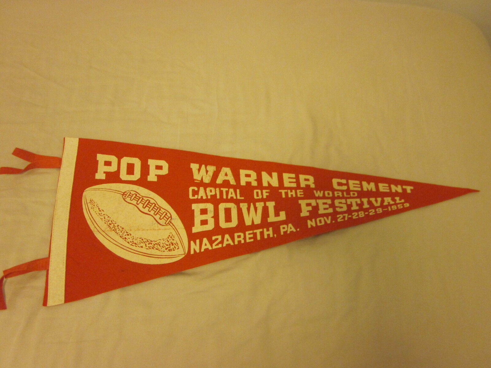 1959 Pop Warner Cement Bowl Festival Felt Red Pennant