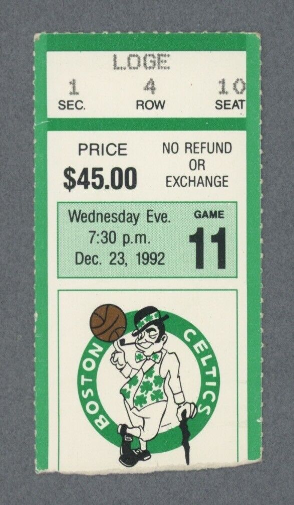 12/23/92 Houston Rockets vs Boston Celtics at Boston Garden Ticket Stub