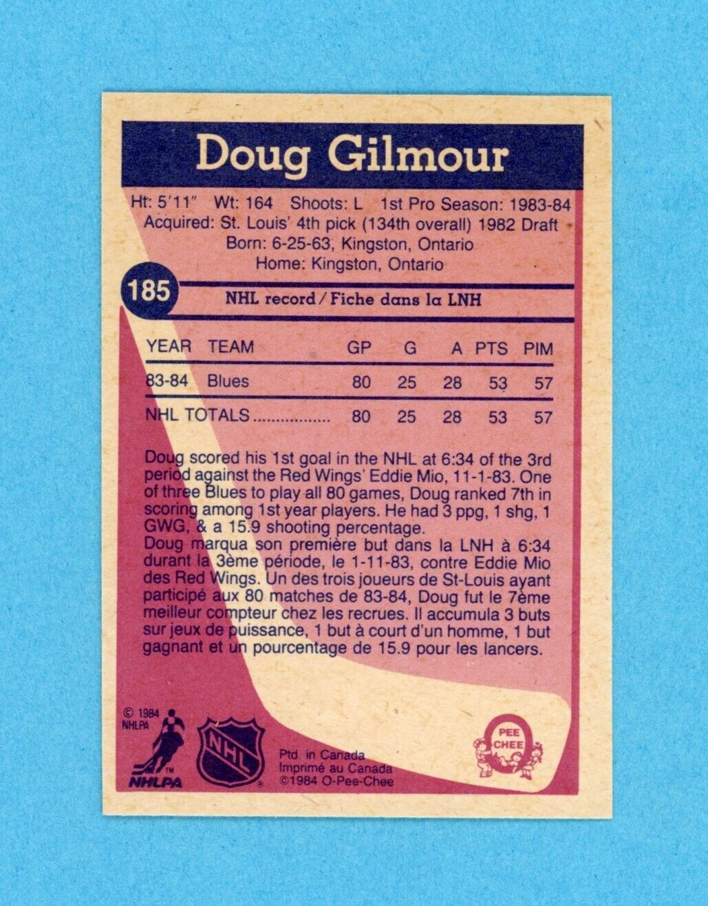 Doug Gilmour St Lou Blues 1984-85 O Pee Chee #185 Autographed Rookie Hockey Card