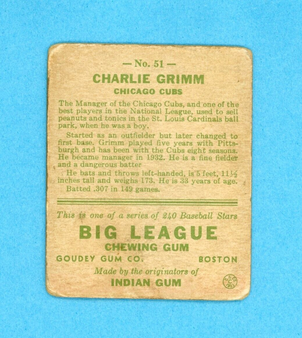 1933 Goudey #51 Charlie Grimm Chicago Cubs Rookie Baseball Card Low Grade