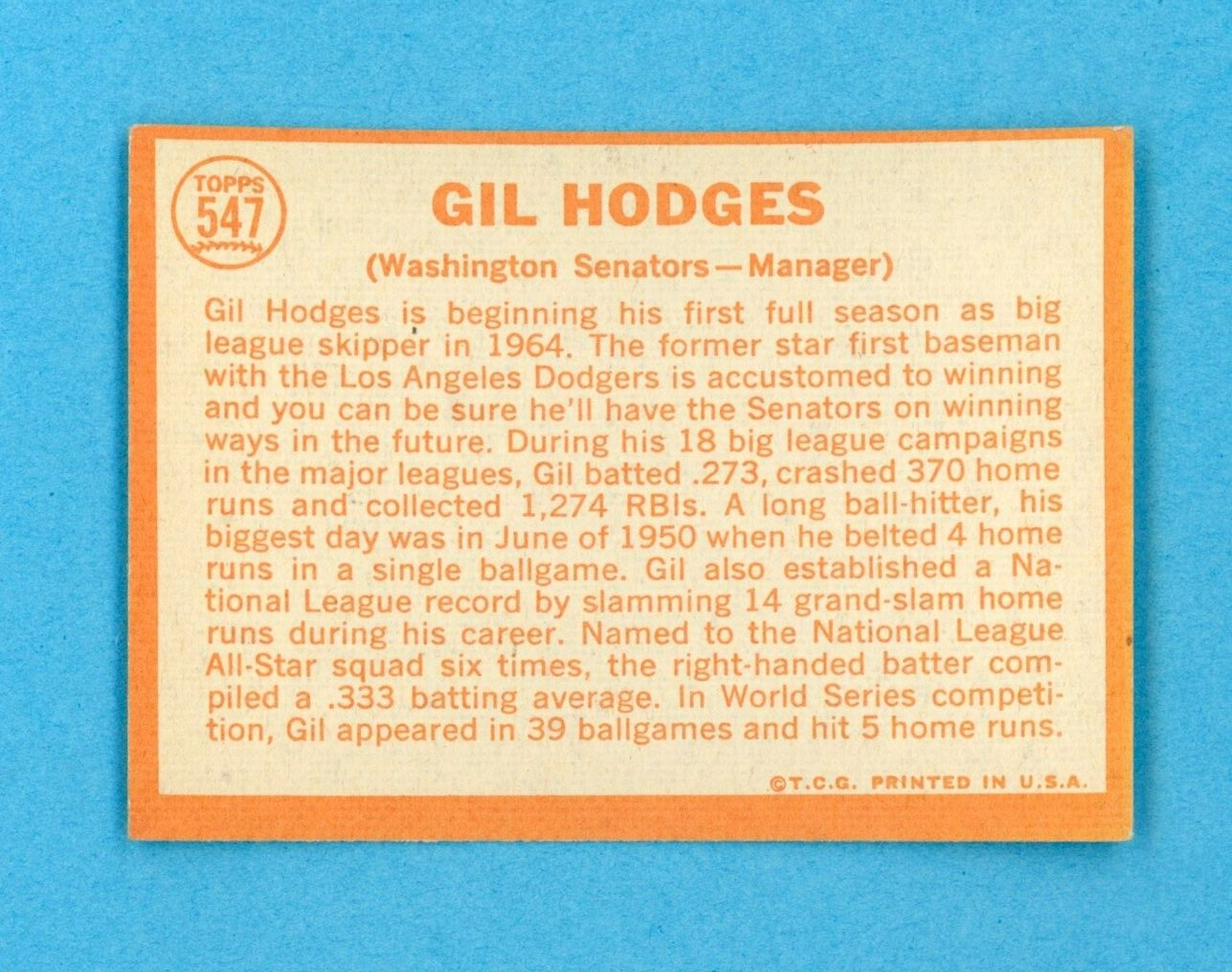 1964 Topps #547 Gil Hodges Washington Senators High Number Baseball Card E+-E++