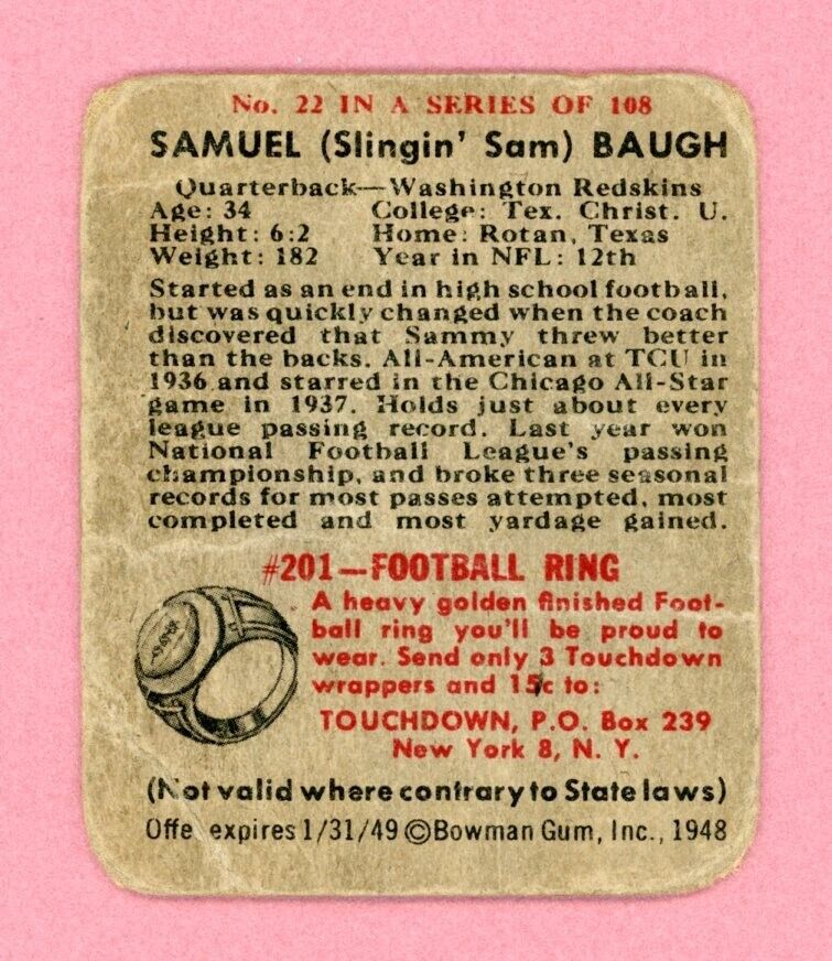 1948 Bowman #22 Sammy Baugh Washington Redskins Rookie Football Card Low Grade