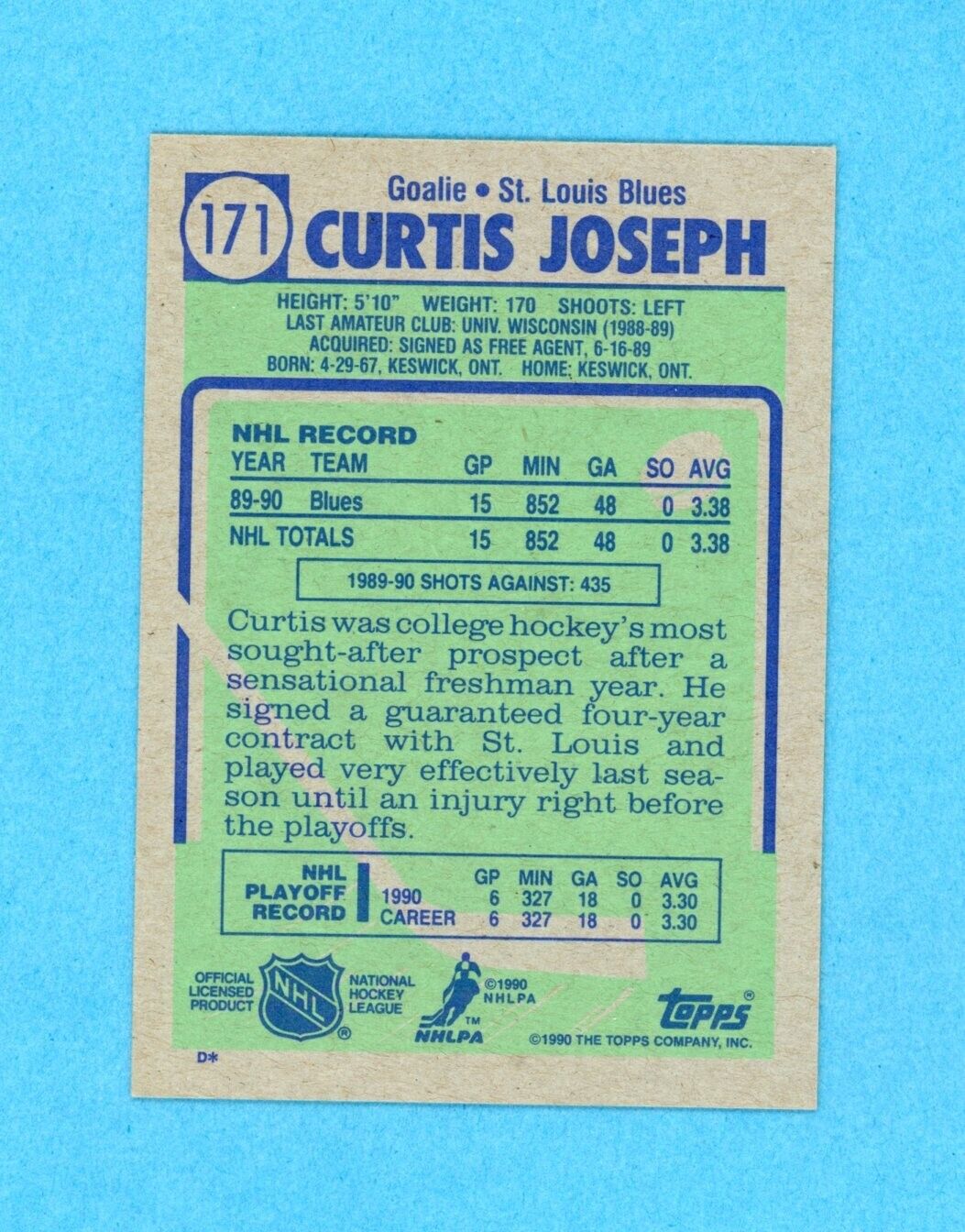 Curtis Joseph St. Louis Blues 1990-91 Topps #171 Autographed Rookie Hockey Card