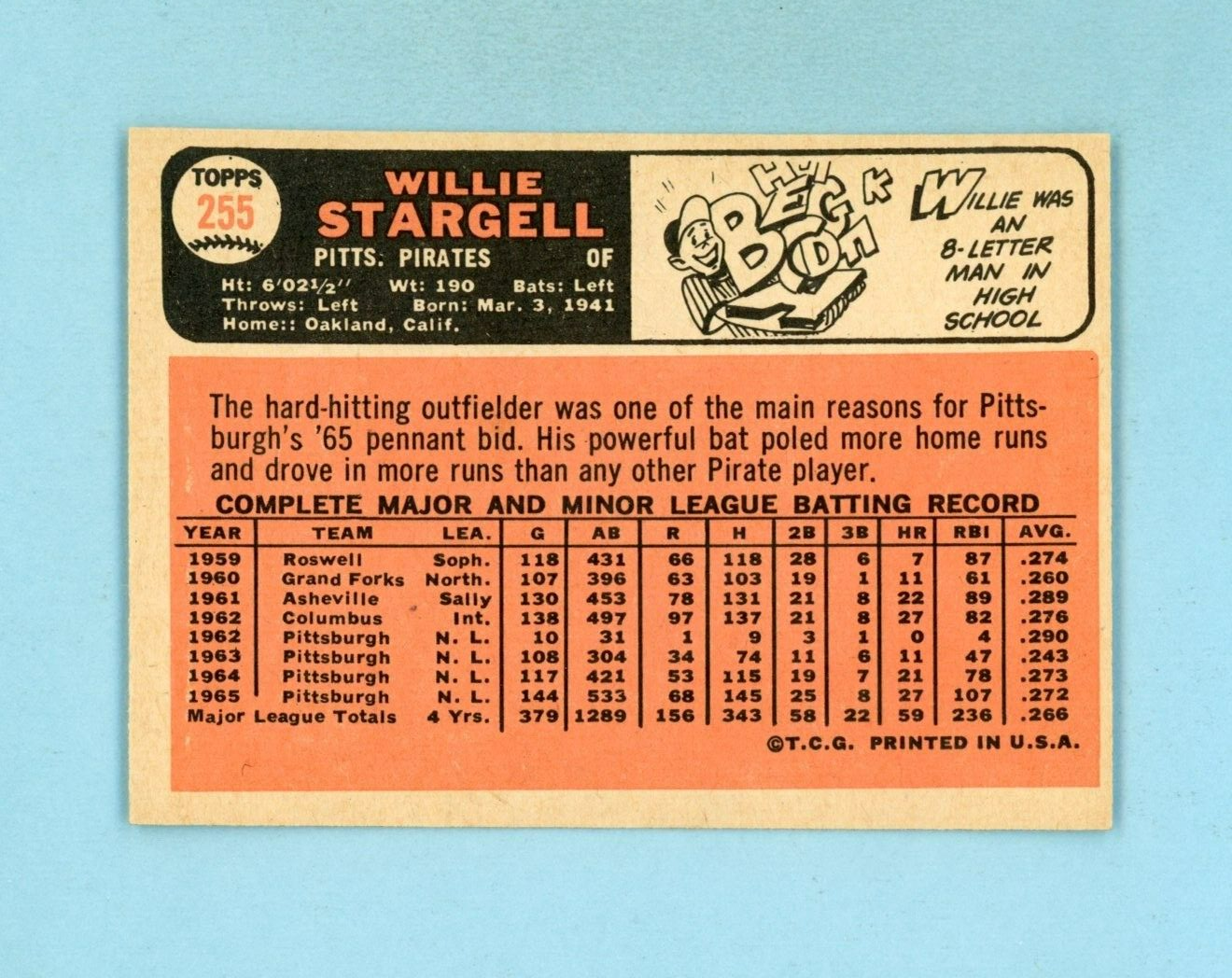 1966 Topps #255 Willie Stargell Pittsburgh Pirates Baseball Card NM o/c