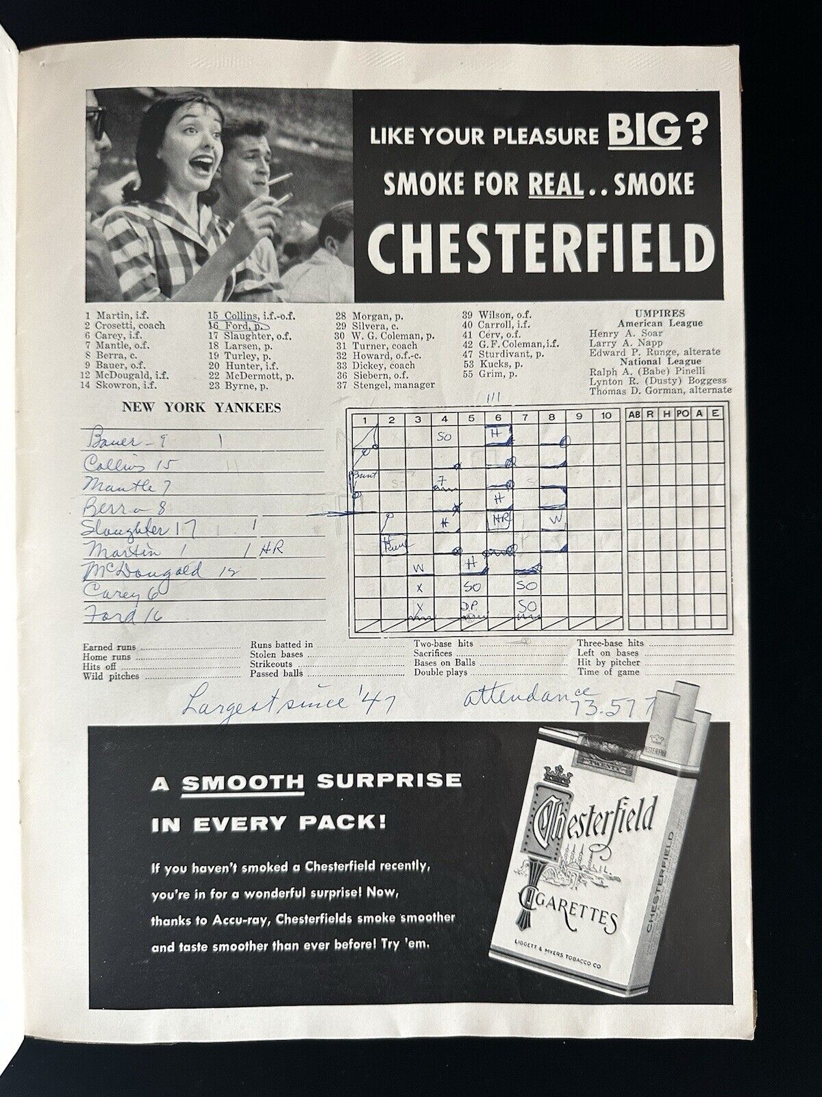 1956 New York Yankees World Series Program vs Brooklyn Dodgers - scored Game 3