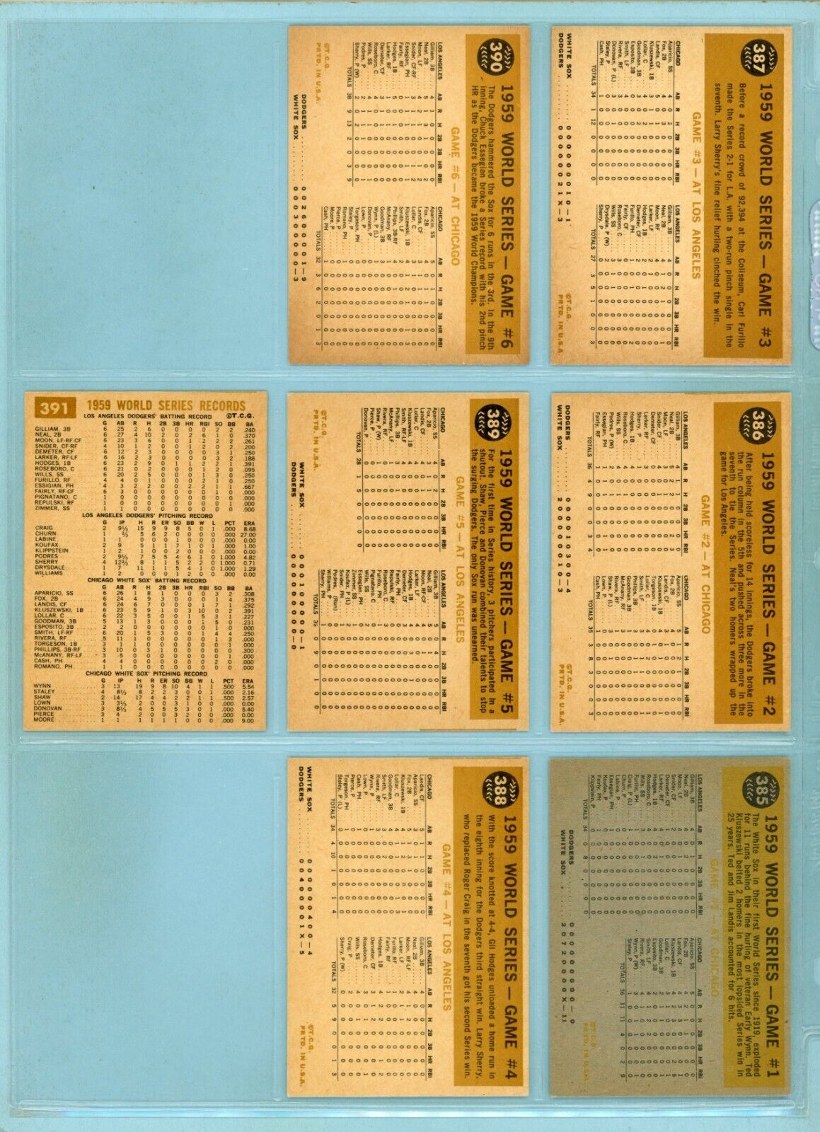 1960 Topps Set of 7 1959 World Series Special Baseball Cards Ex/Mt - NM