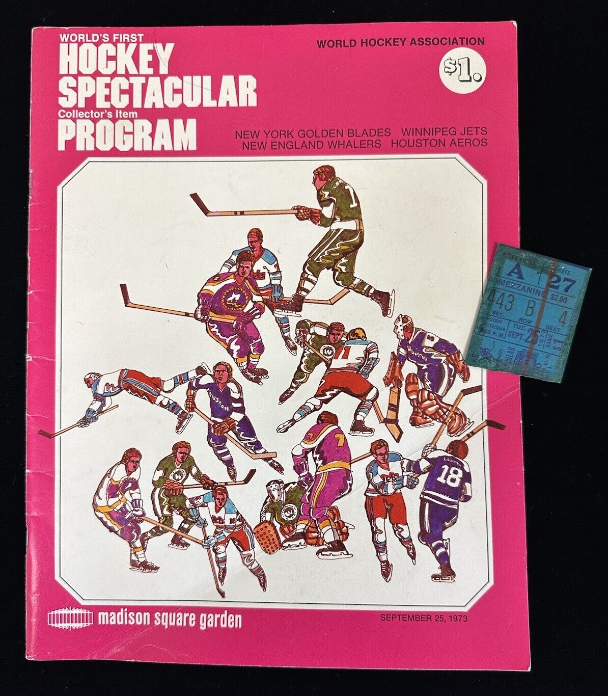 Sept 25 1973 WHA Hockey Spectacular Program @ MSG w/Ticket Stub & Hull Autograph