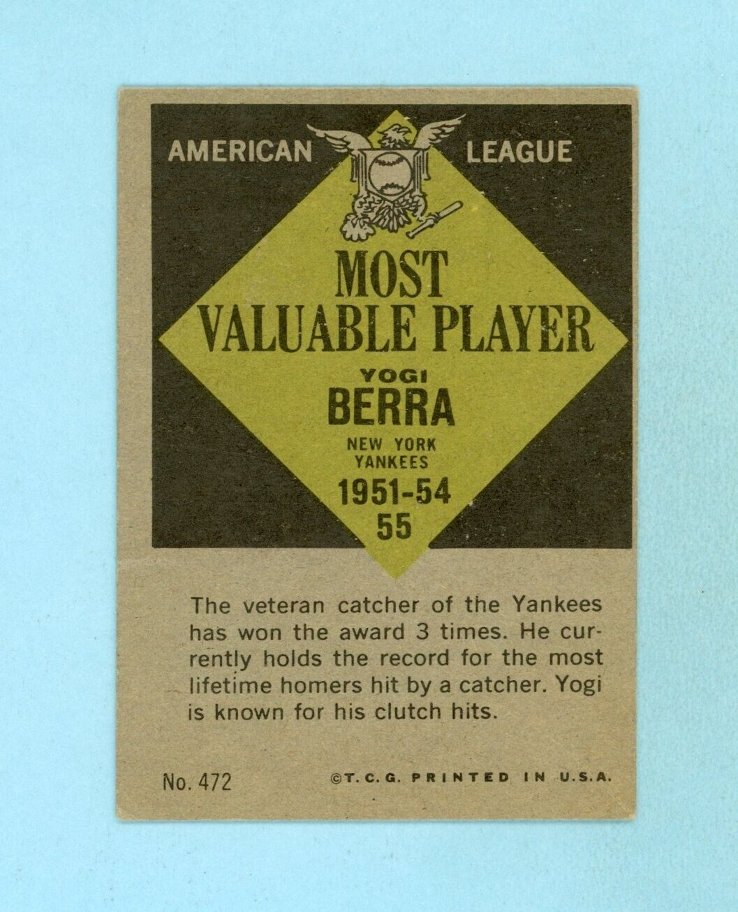 1961 Topps #472 Yogi Berra MVP New York Yankees Baseball Card EX o/c