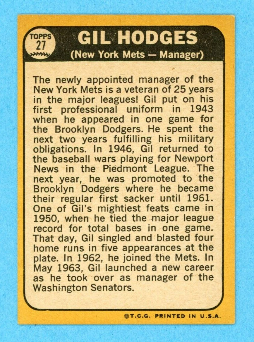 1968 Topps #27 Gil Hodges New York Mets Baseball Card EX