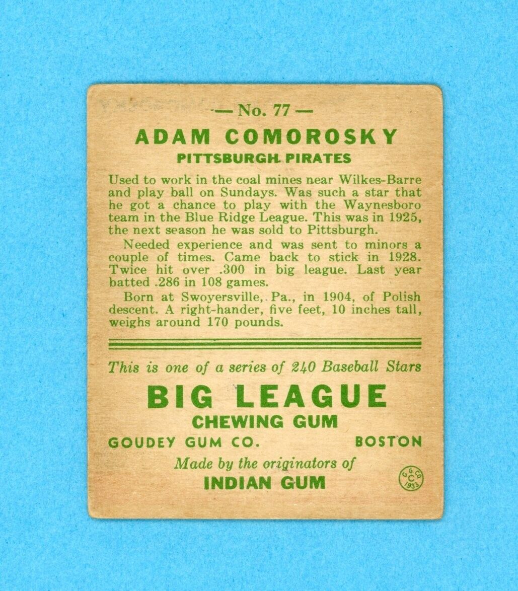 1933 Goudey #77 Adam Comorosky Pittsburgh Pirates Baseball Card Low Grade