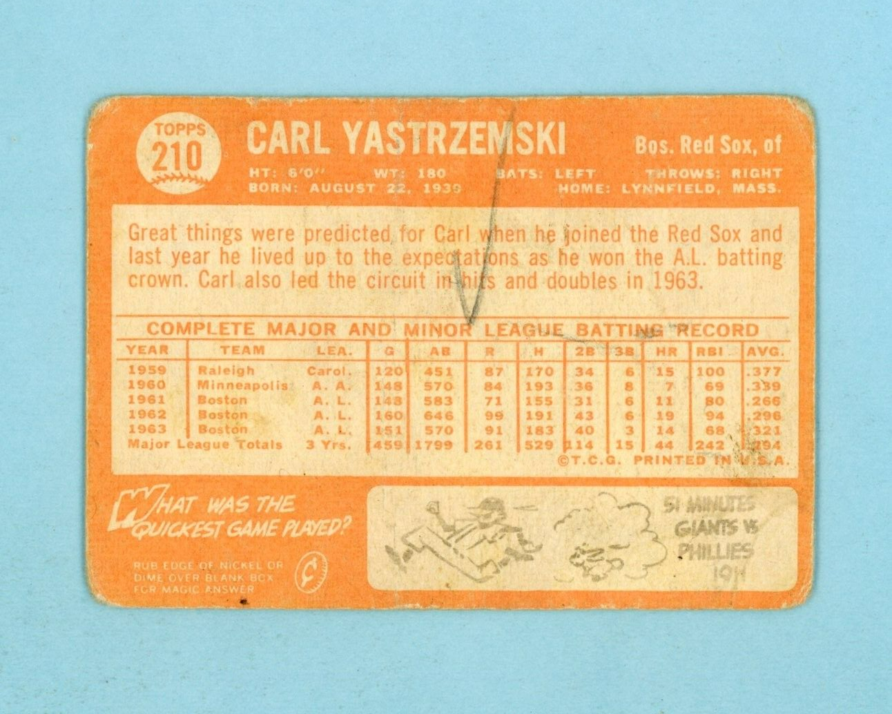 1964 Topps #210 Carl Yastrzemski Boston Red Sox Baseball Card Low Grade