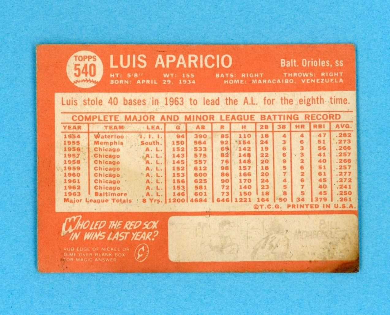 1964 Topps #540 Luis Aparicio Baltimore Orioles High Number Baseball Card LG