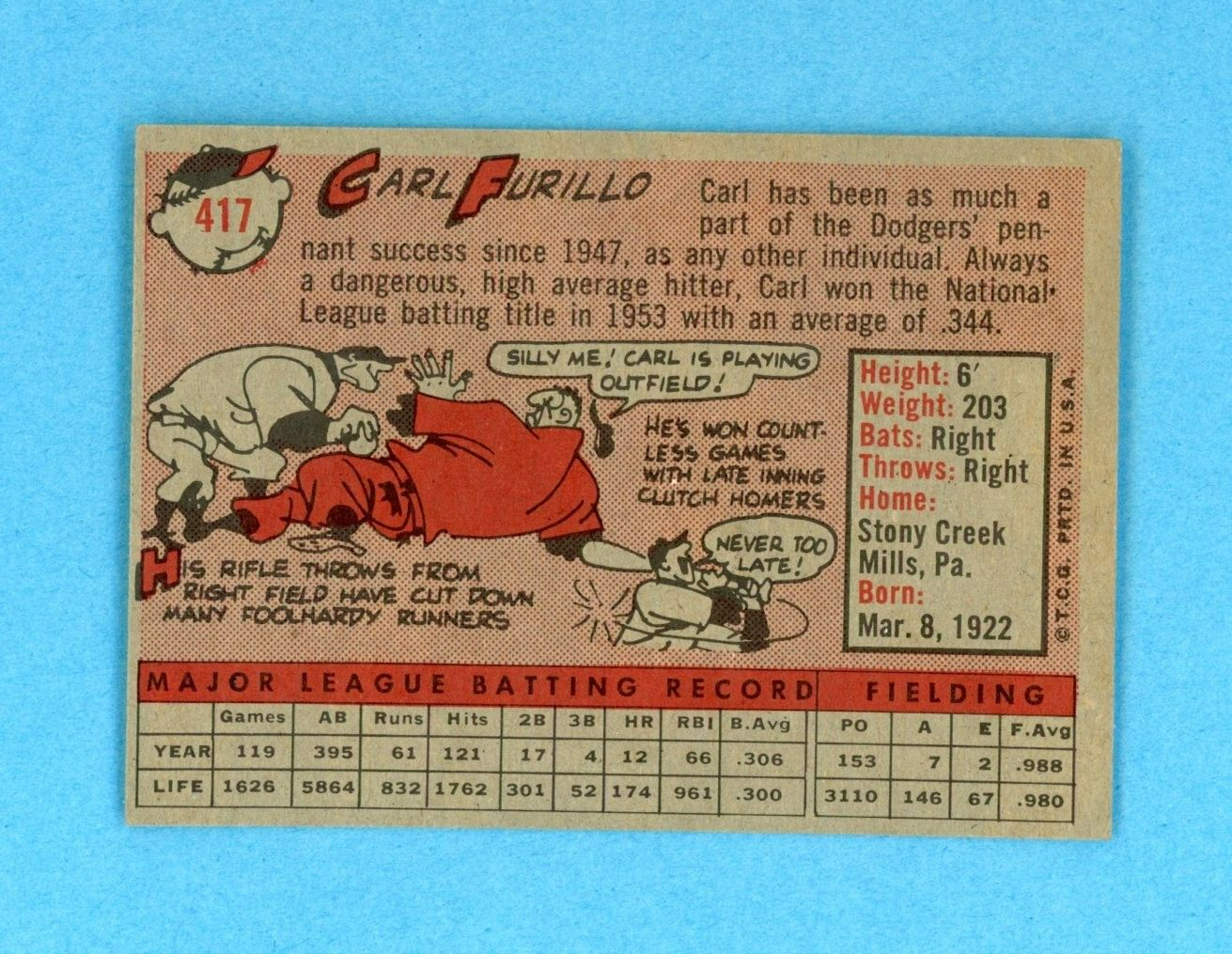 1958 Topps #417 Carl Furillo Los Angeles Dodgers Baseball Card Ex/Mt o/c