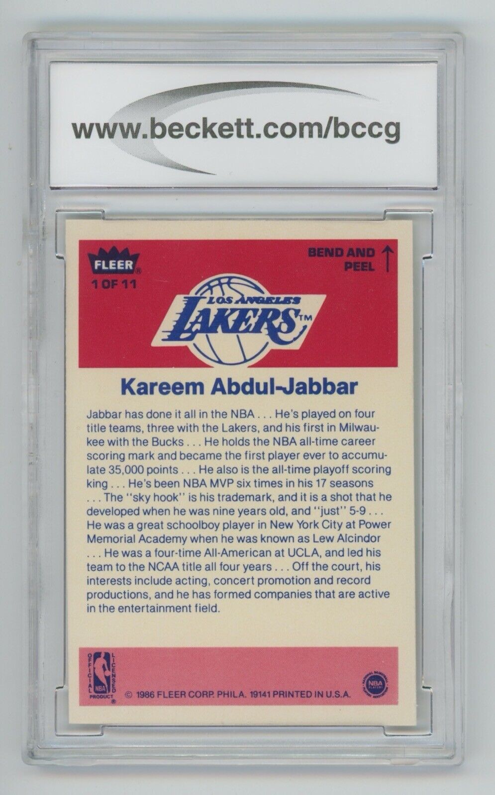 Kareem Abdul-Jabbar 1986-87 Fleer Sticker #1 • BCCG 9 NM+