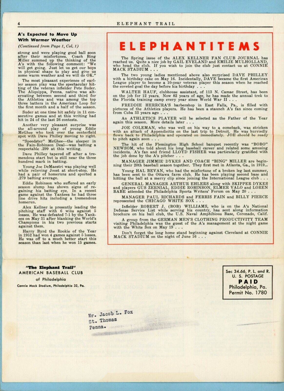 Along The Elephant Trail June 1953 Philadelphia Athletics Newsletter