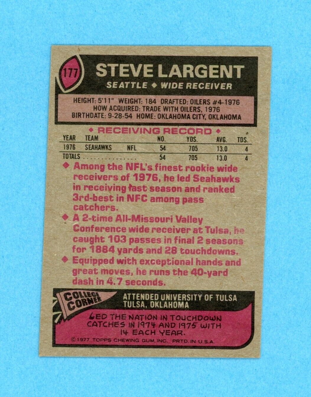 1977 Topps #177 Steve Largent Seattle Seahawks Rookie Football Card EX+ dia shp