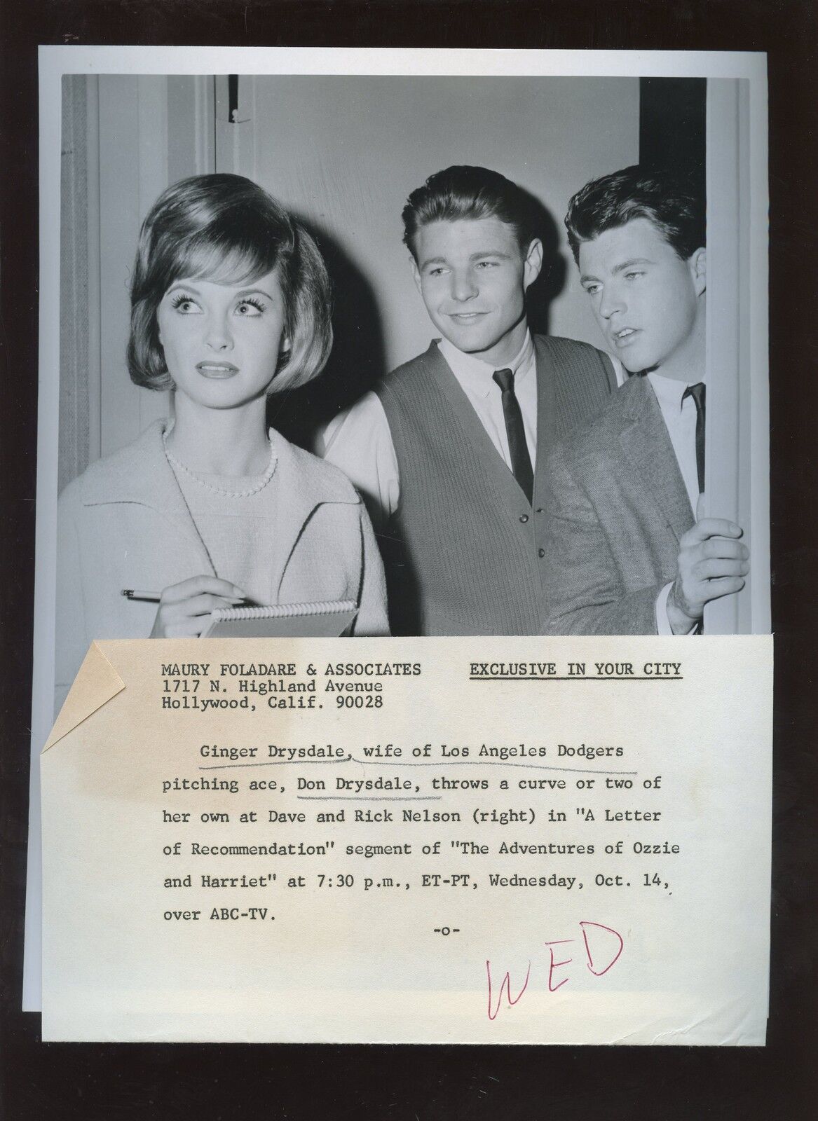 Original Early 1960's Ginger Drysdale & Ricky Nelson Wire Photo