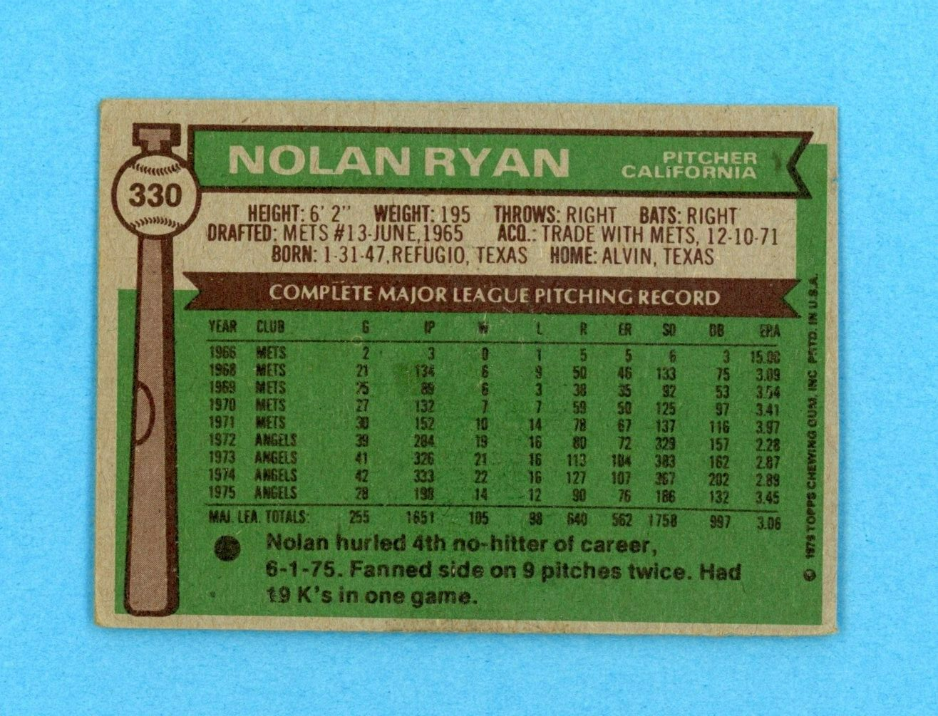 1976 Topps #330 Nolan Ryan California Angels Baseball Card Low Grade