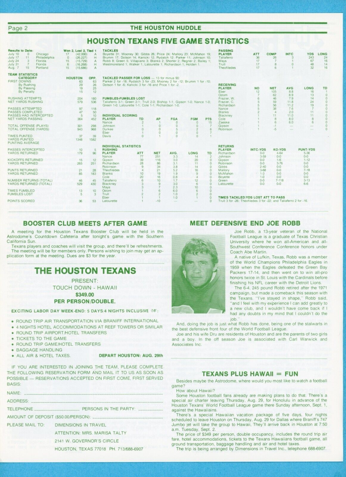 August 15, 1974 Vol. 1 No. 3 The Houston Huddle WFL Houston Texans Newsletter