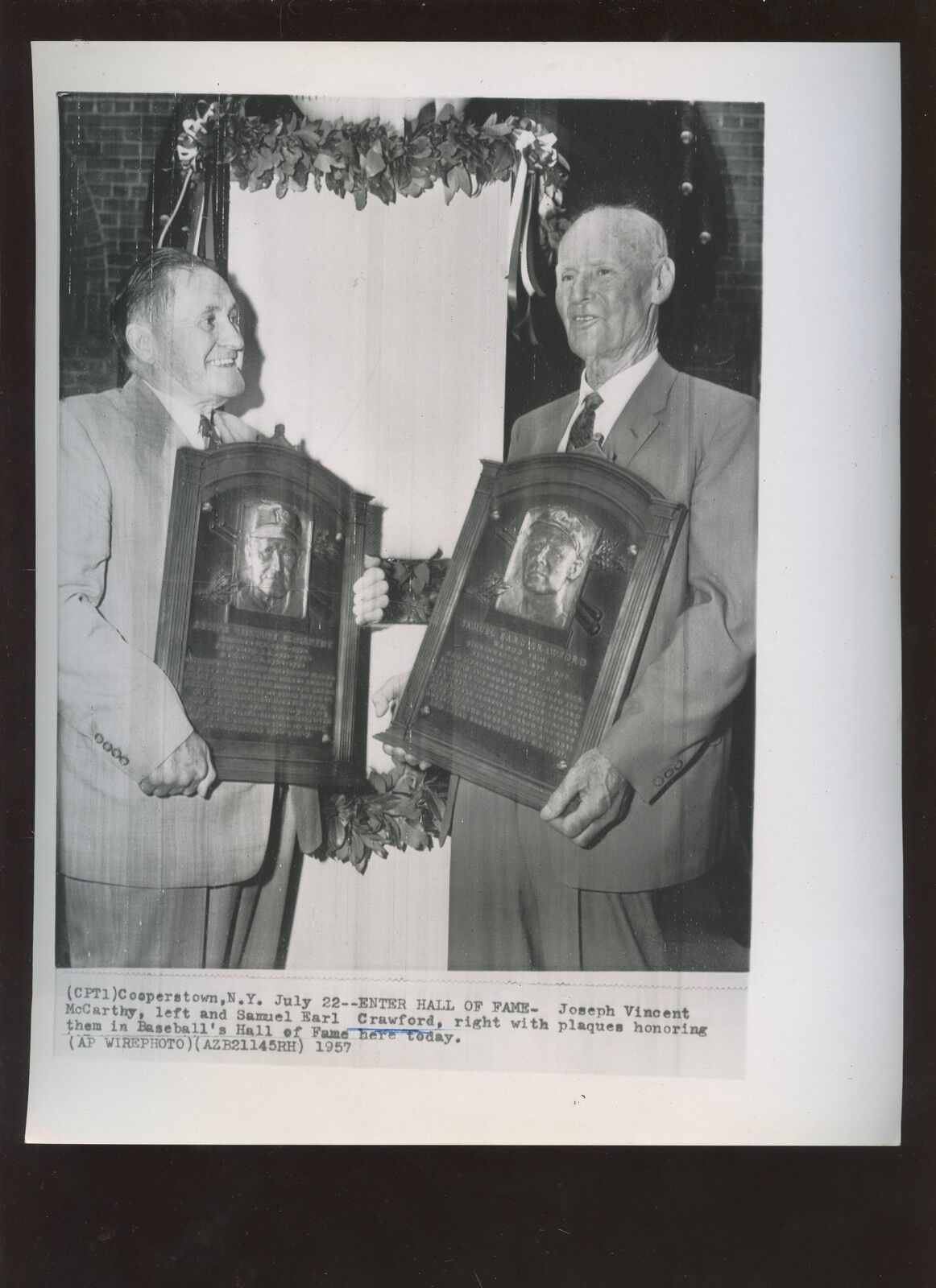 Original July 22 1957 Joe McCarthy & Earl Crawford Hall of Famers Wire Photo