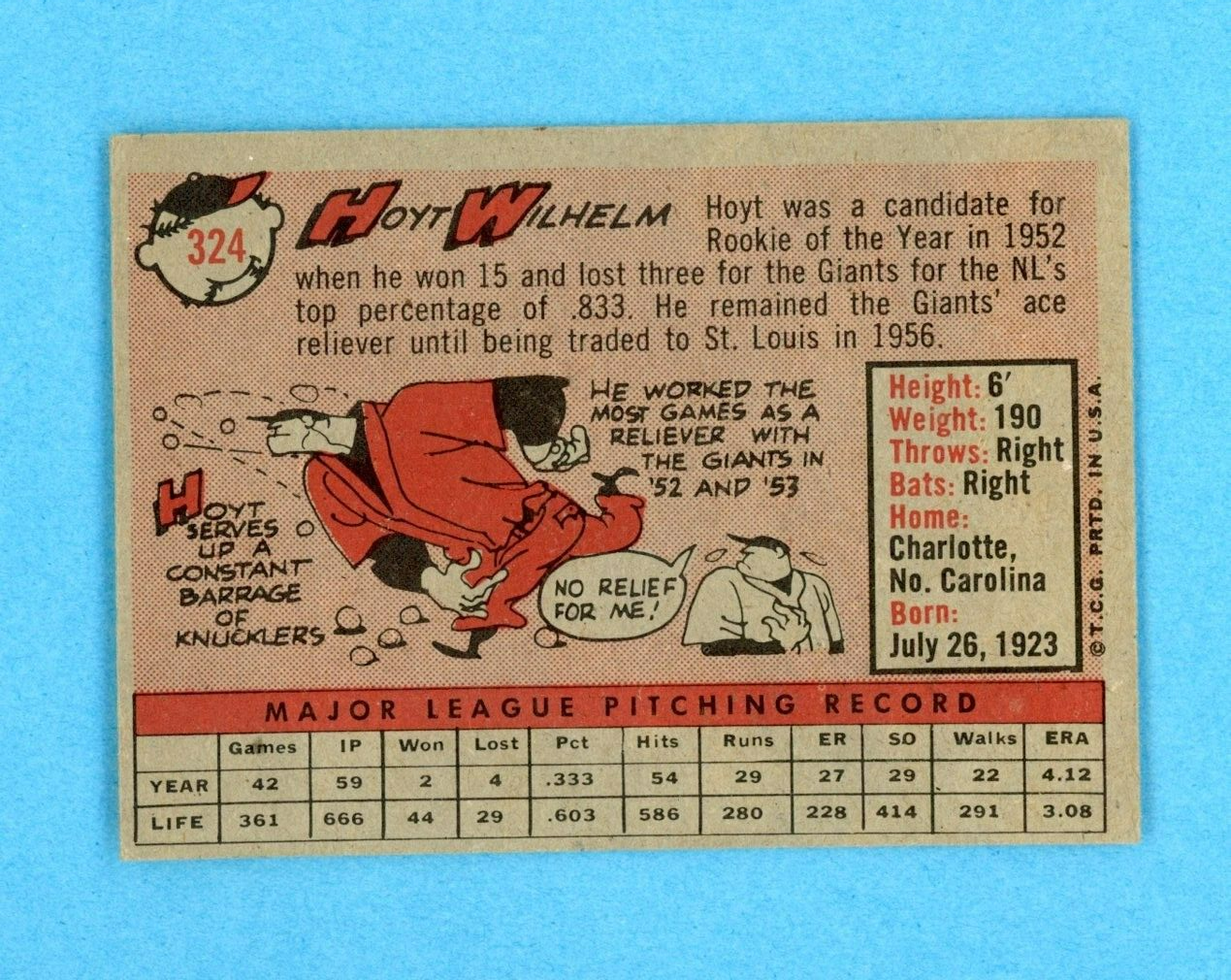 1958 Topps #324 Hoyt Wilhelm Cleveland Indians Baseball Card EX - EX+ twtlc