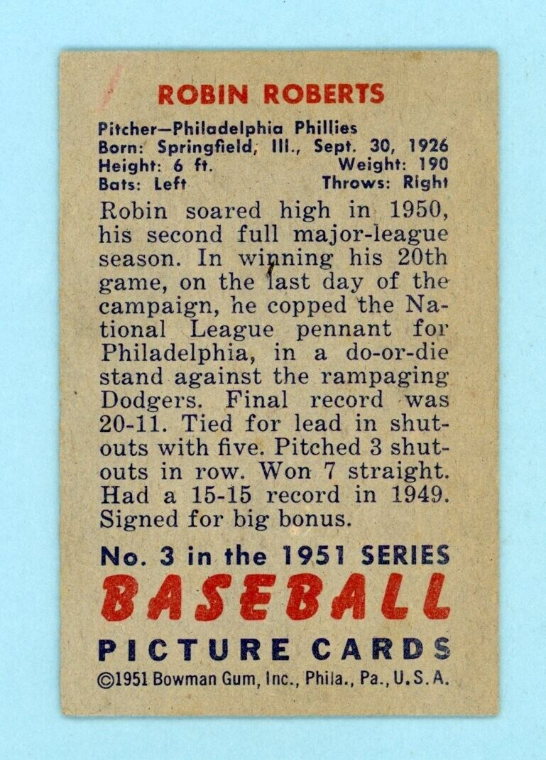 1951 Bowman #3 Robin Roberts Philadelphia Phillies Baseball Card EX lht mk bk