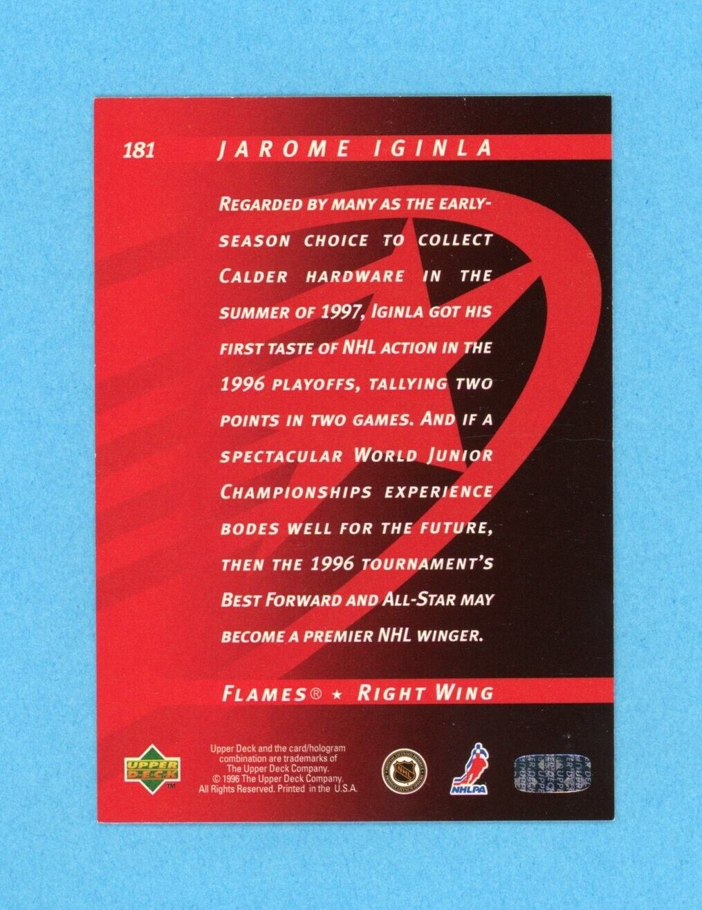 Jarome Iginla Calgary Flames 1996-97 Upper Deck #181 Autographed Hockey Card