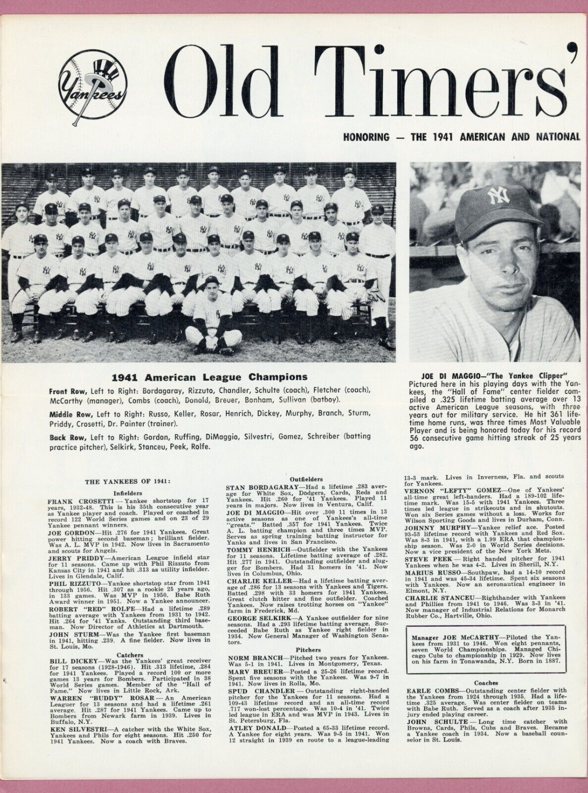 July 23, 1966 New York Yankees 20th Annual Old Timers Day 4 page Program