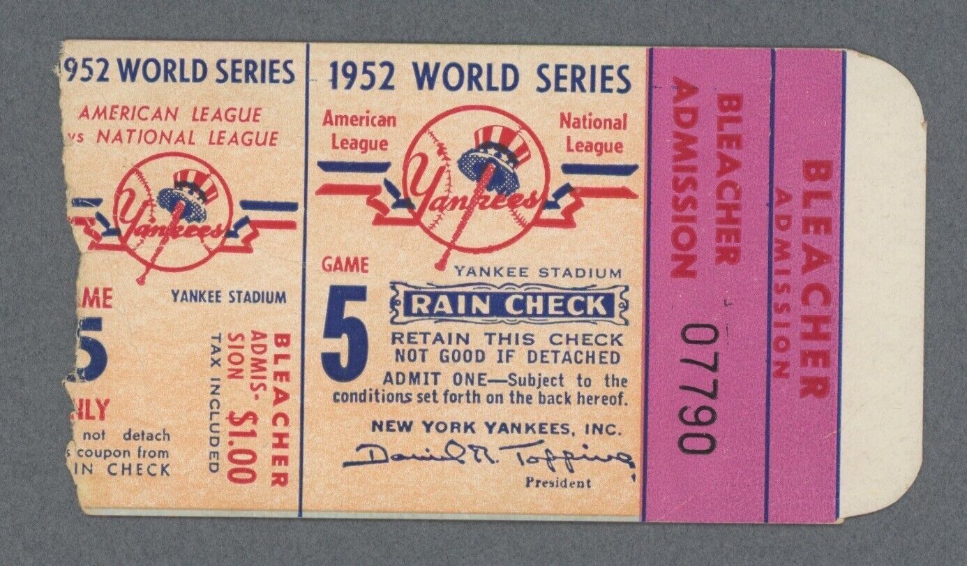 1952 World Series Ticket Stub NY Yankees vs Brooklyn Dodgers at Yankee Stadium