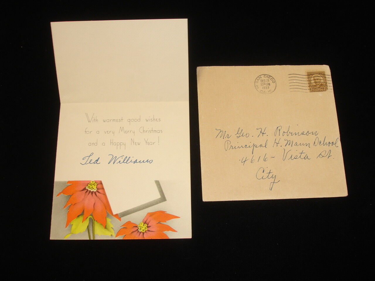 Original 1937 Ted Williams Christmas Card Postmarked from San Diego California