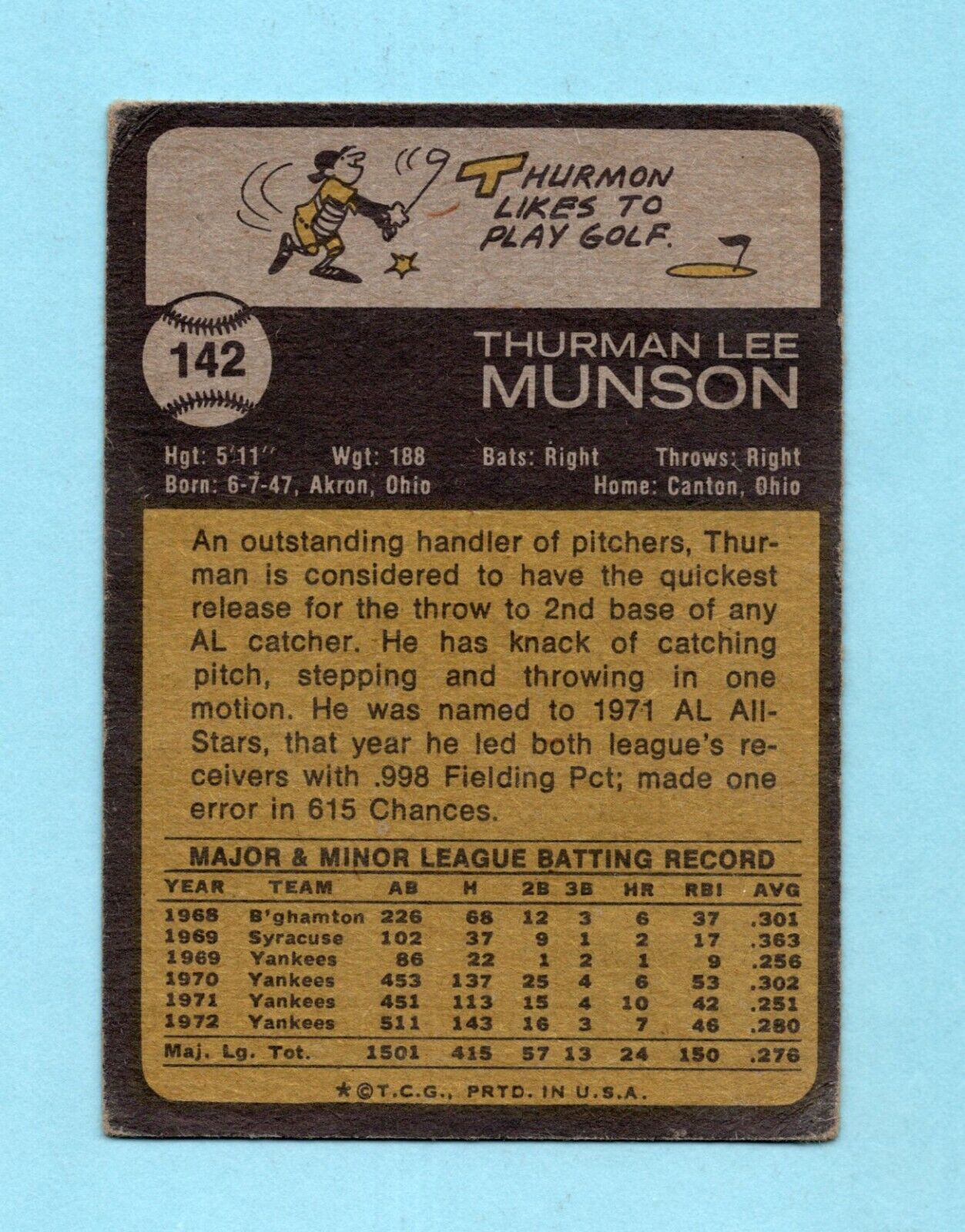 1973 Topps #142 Thurman Munson New York Yankees Baseball Card Low Grade