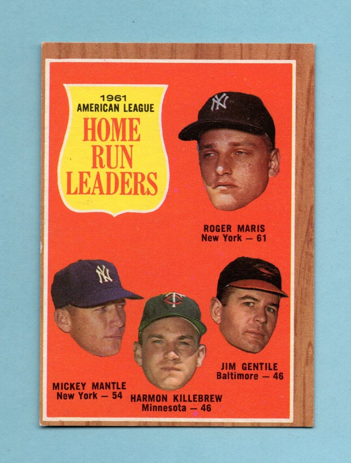 1962 Topps #53 1961 AL Home Run Leaders Maris, Mantle Baseball Card NM o/c