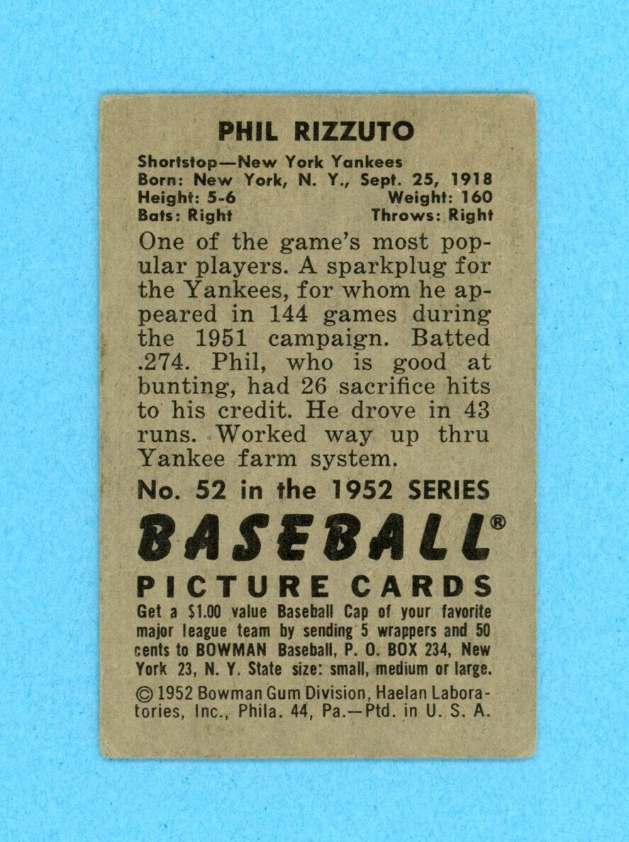 1952 Bowman #52 Phil Rizzuto New York Yankees Baseball Card Vg-Vg+ ld w/c