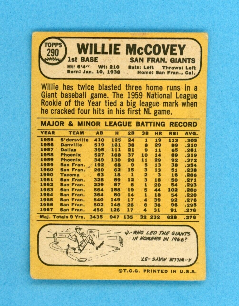 1968 Topps #290 Willie McCovey San Francisco Giants Baseball Card Low Grade