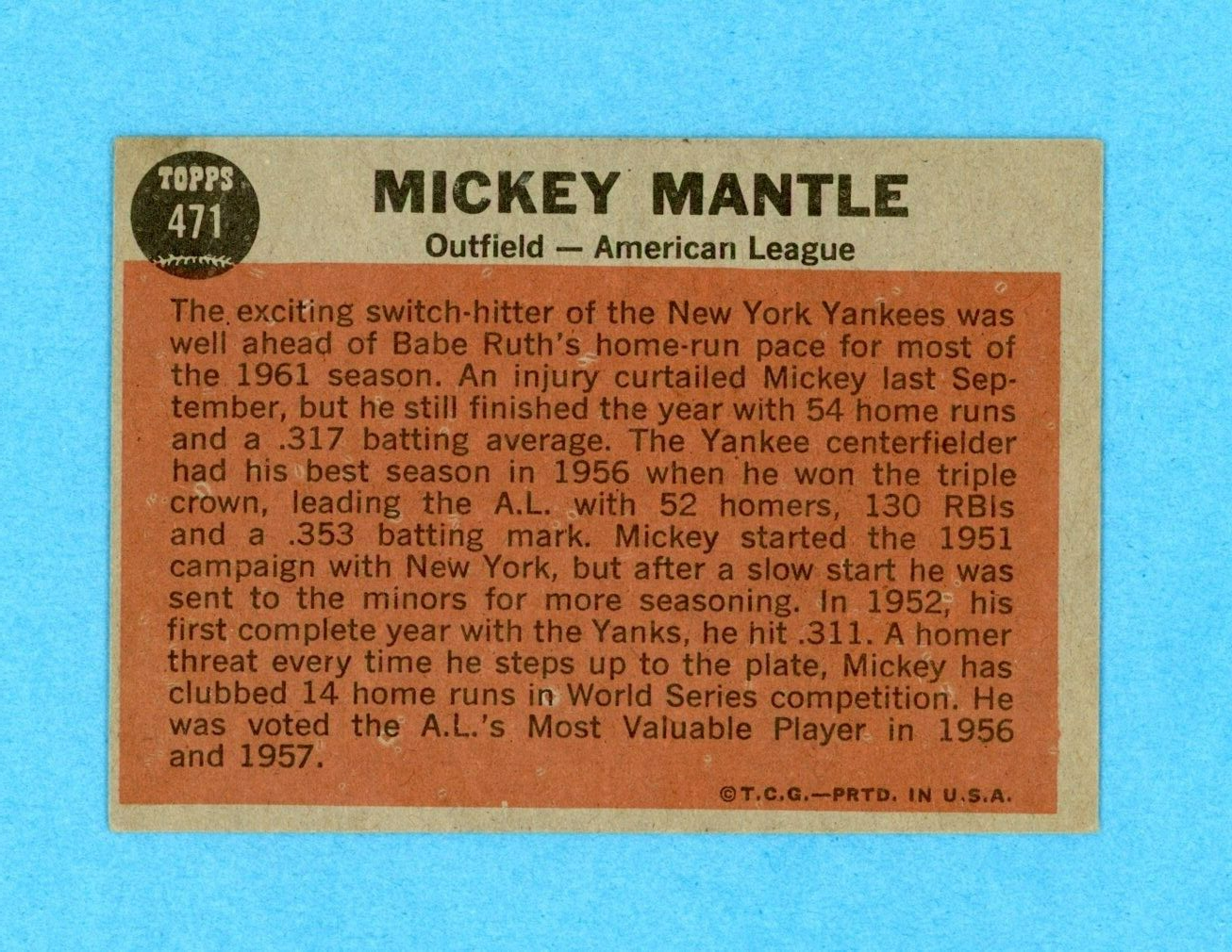 1962 Topps #471 Mickey Mantle All-Star New York Yankees Baseball Card EX o/c