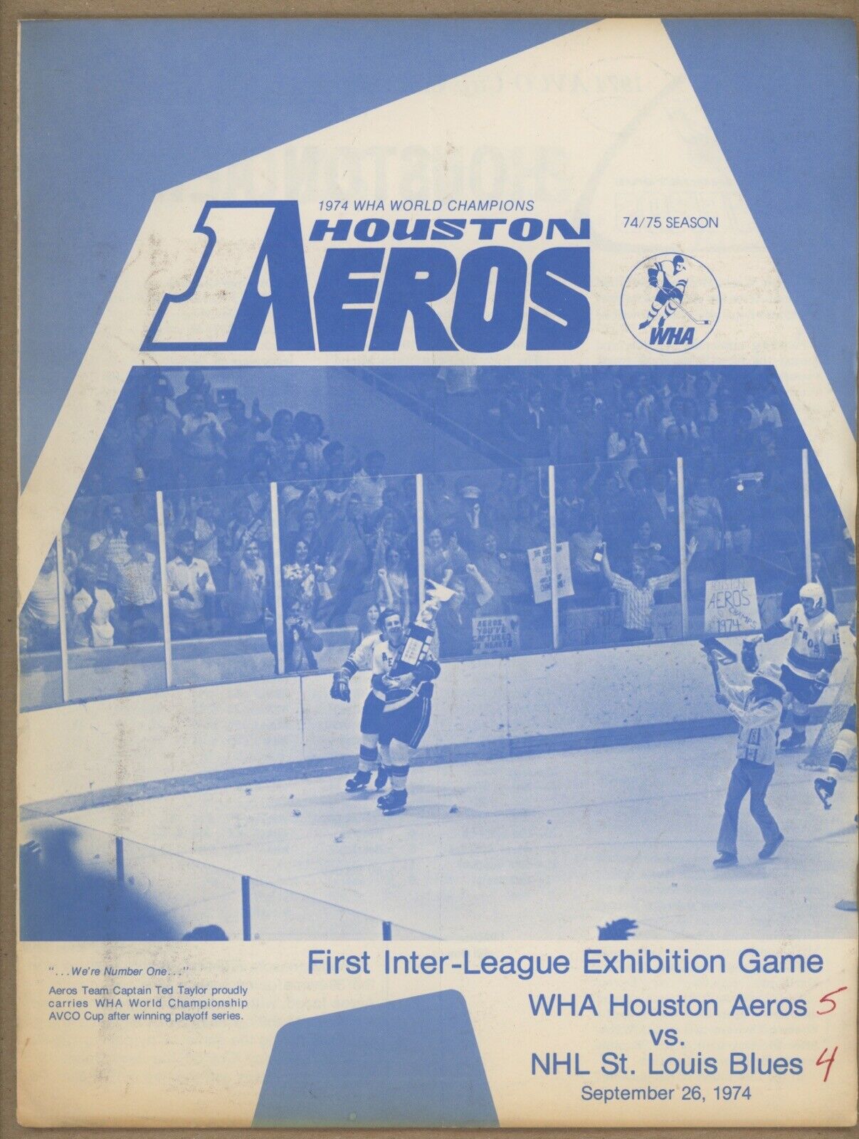 9/26/74 WHA • 1st Interleague Game WHA vs NHL • Houston Aeros vs St. Louis Blues