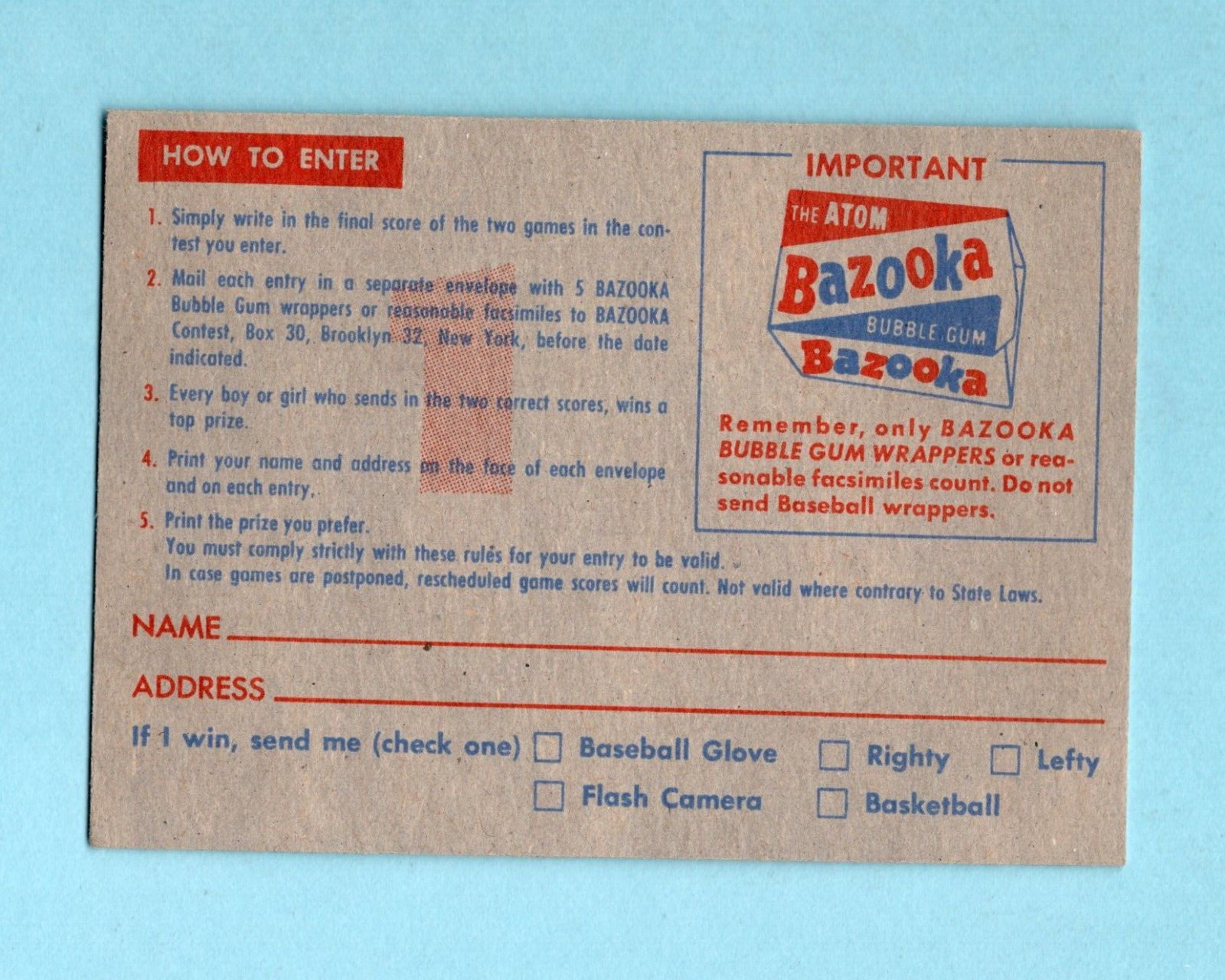 1957 Topps Contest Baseball Card - Saturday, May 4th EX+