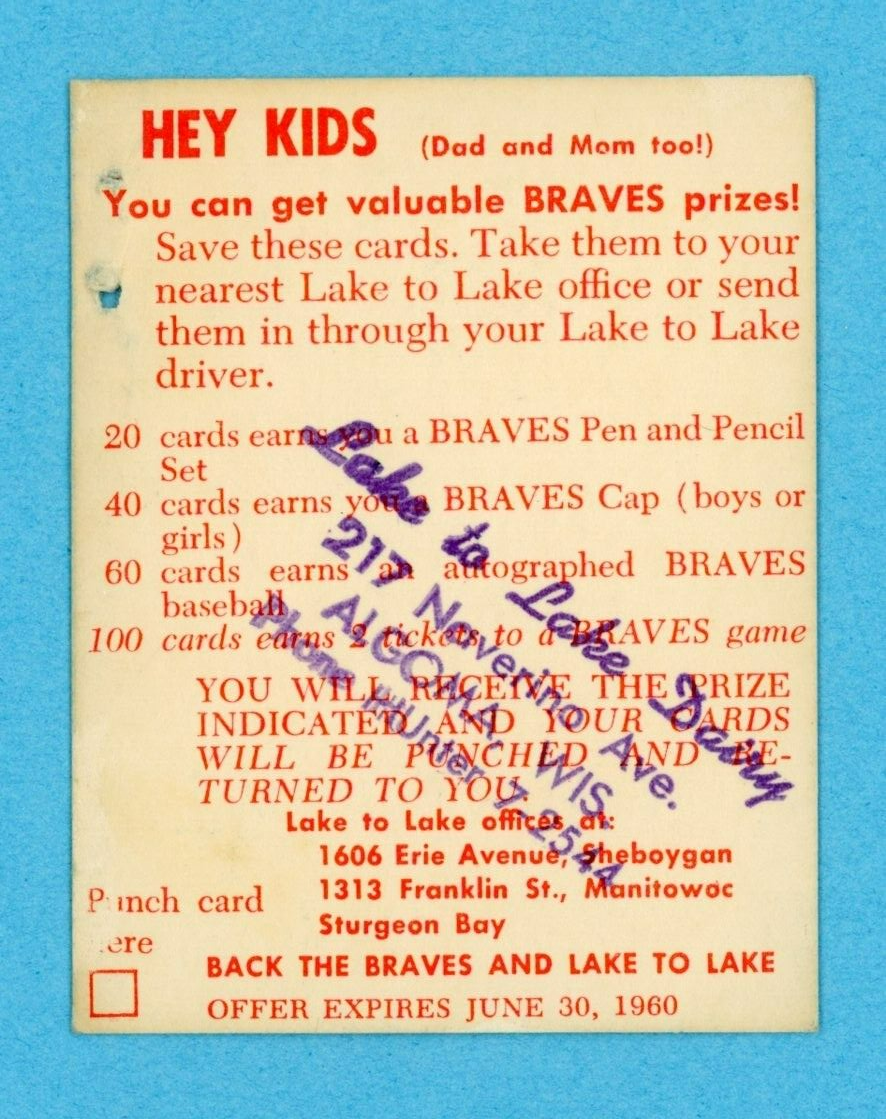 1960 Lake To Lake Carl Willey Milwaukee Braves Baseball Card Low Grade