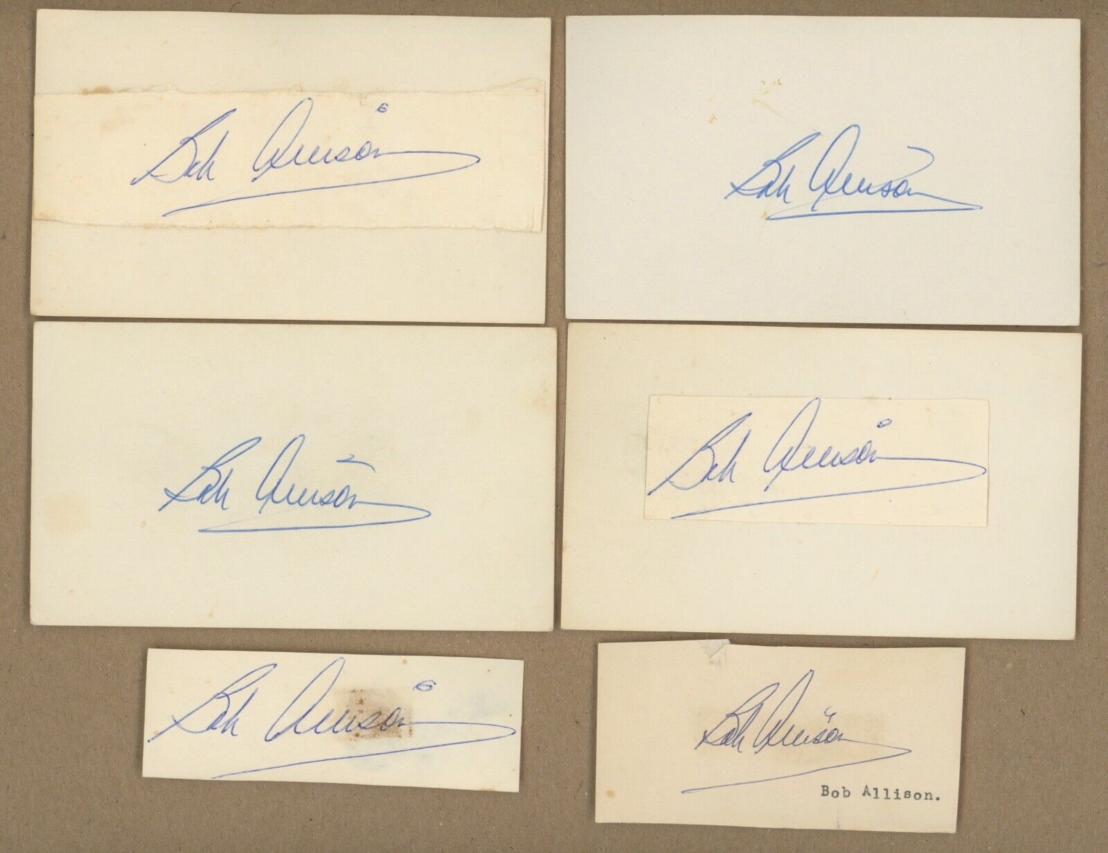 Lot of 6 Bob Allison Signed Index Cards & Cuts w B&E Hologram