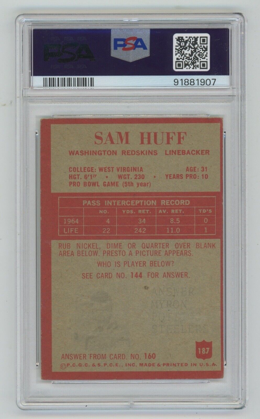 Sam Huff • 1965 Philadelphia #187 • PSA 3.5 VG+